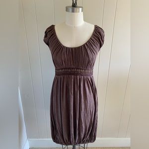 Grecian draped jersey dress w intricate embroidery & metallic sequins at waist